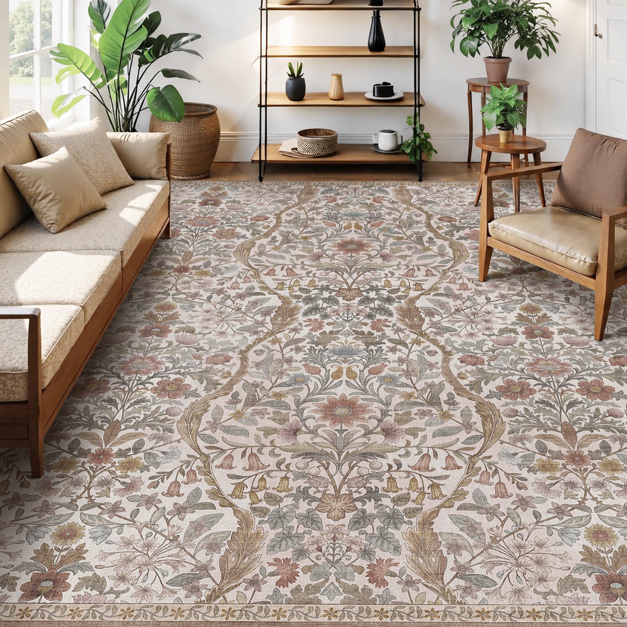 8x10 Large Floral Area Rug Soft Living Room Rug Khaki Carpet