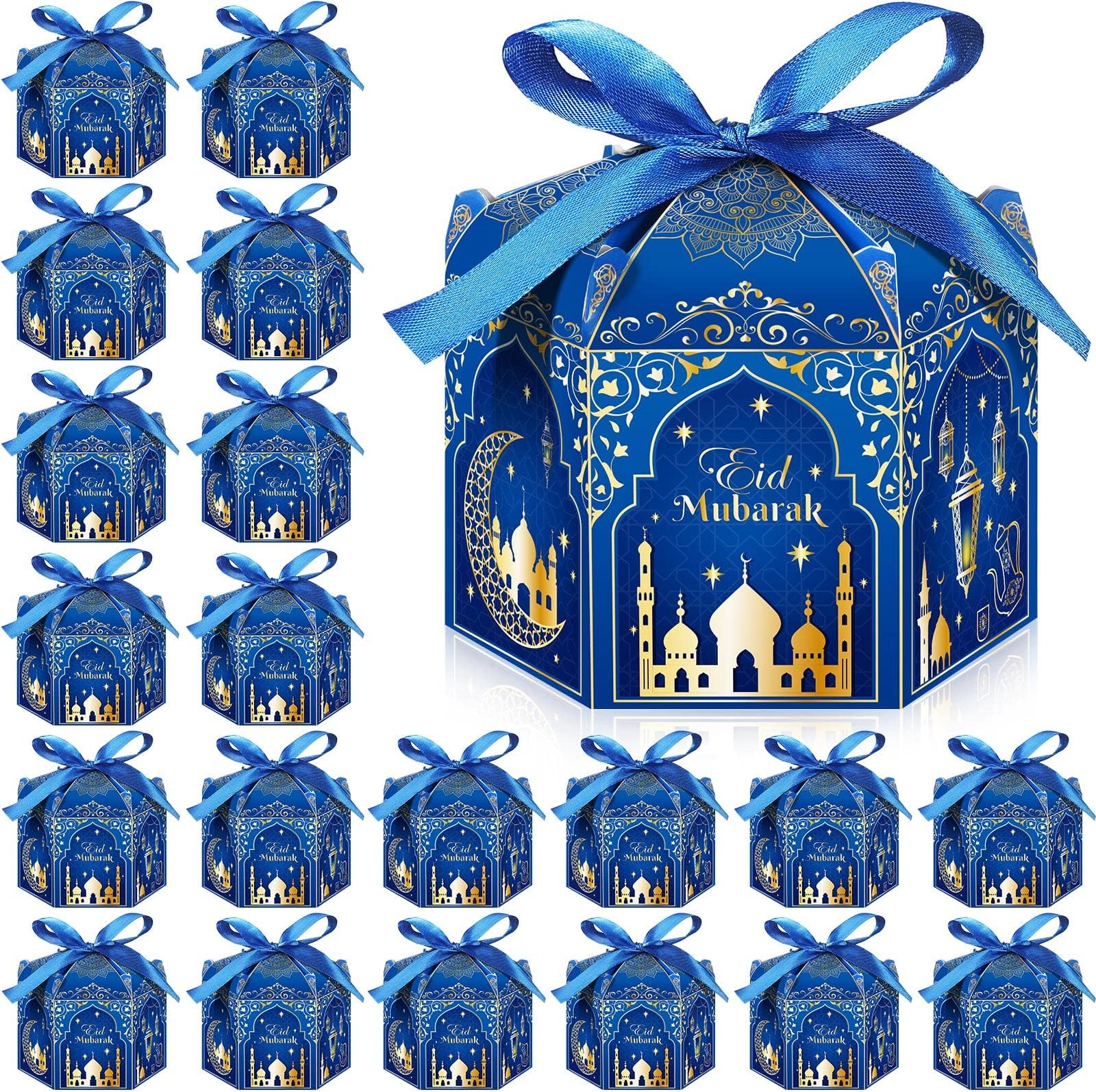 Funrous 24 Pieces Eid Mubarak Boxes Ramadan Cupcake Paper Candy Boxes Muslim Goody Gift Decorations for Ramadan Muslim Eid Al Fitr Party Supplies(Blue)