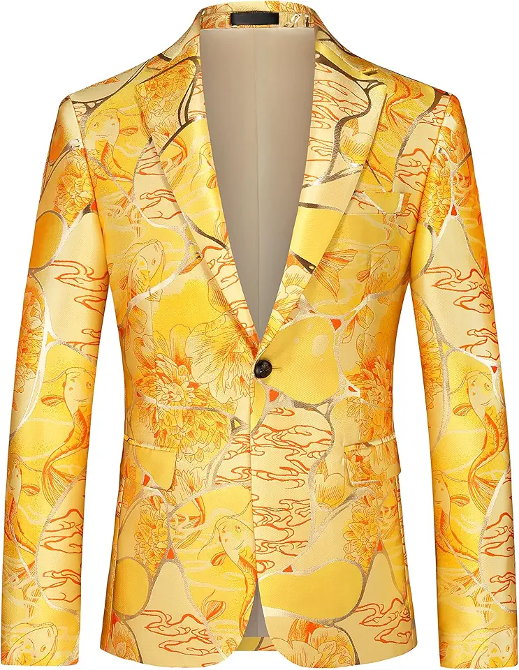 Blazer smoking masculino floral slim fit em jacquard – elegante paletó esportivo para baile de formatura, casamento ou eventos casuais, tamanho 3XS, dourado.