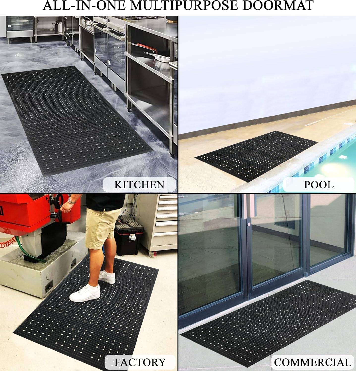 A1HC Anti Fatigue Multi-Purpose Rubber Floor Mat, 36X60 Inches, Grease Proof Drainage Mat for Restaurants, Commercial Kitchen Mat,Pool Entrance Mat,Garage Mat, Anti Slip Waterproof Rubber Mat, Black