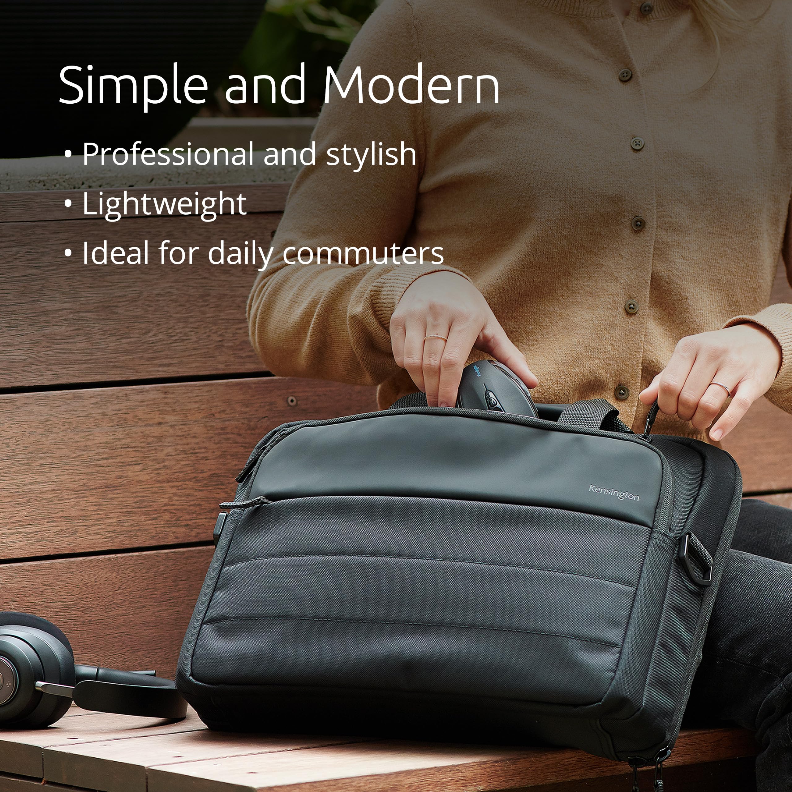 Kensington K60390WW - Maletín para Portátiles de hasta 16", Diseño Tipo Concha, Compartimento Acolchado, Poliéster Reciclado (52% PCR), Negro, Fabricado con 23 Botellas de Plástico Recicladas