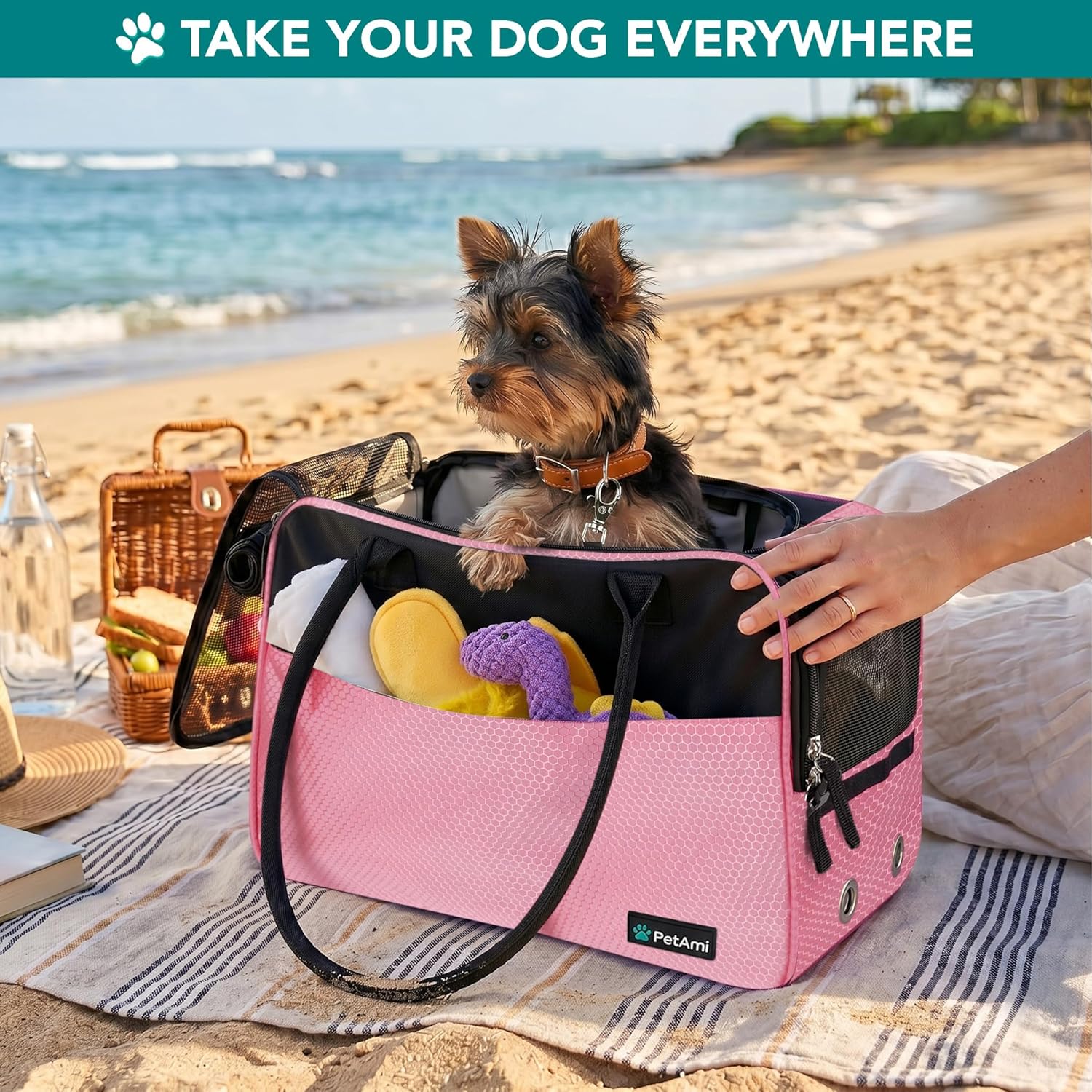 PetAmi Dog Purse Carrier for Small Dogs, Airline Approved Soft Sided Pet Carrier with Pockets, Ventilated Dog Carrying Bag for Puppy Cat, Dog Travel Supplies Bag, Sherpa Bed, Max 12 lbs, Pink