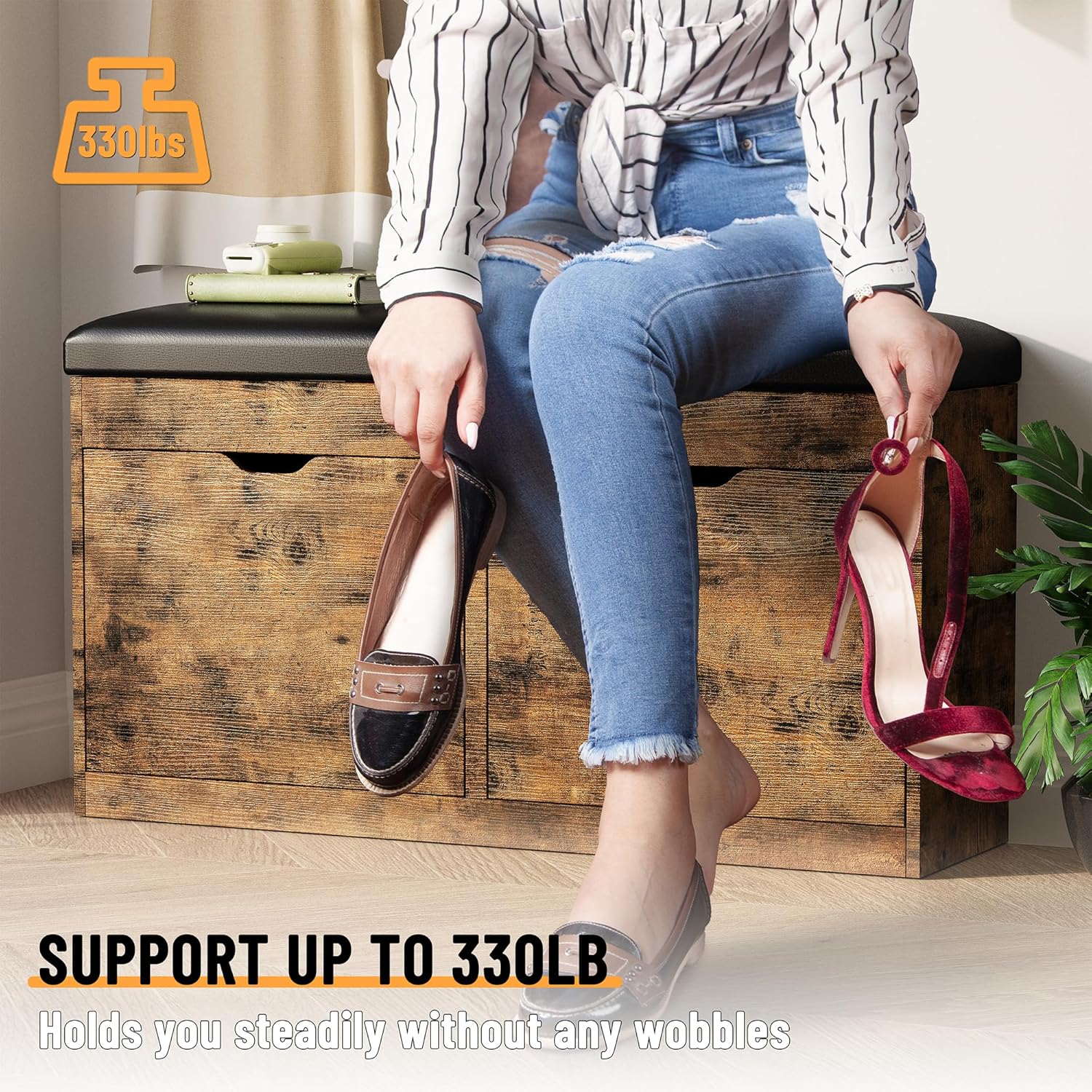 40" Shoe Storage Bench with 2 Flip Drawers & Padded Seat Cushion, Shoe Cabinet with Lift Top Storage Box, Shoe Bench Shoe Organizer for Entryway, Hallway, Living Room, Vintage Brown image 4 of 8 B0DHTY8GCJ