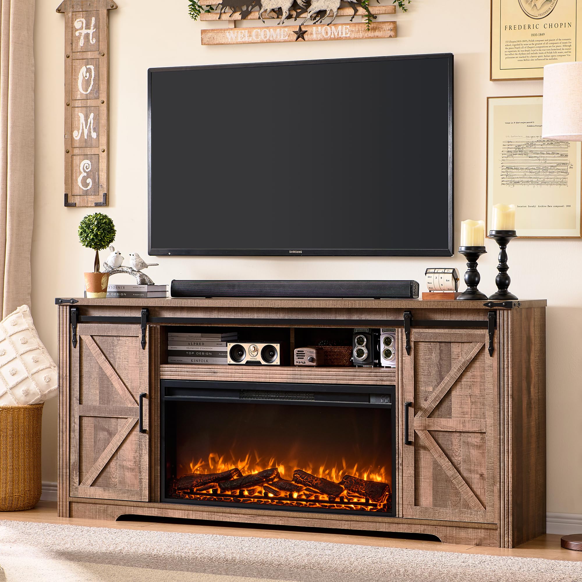 JXQTLINGMU Fireplace TV Stand for 80 Inch TV, Farmhouse Entertainment Center with 36" Fireplace, Modern Media Console with Sliding Barn Door & Storage Drawers for Living Room, Light Brown