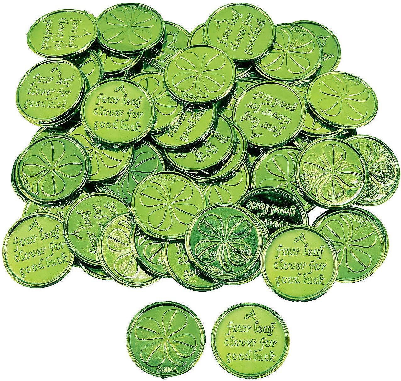 Fun Express Plastic 4-Leaf Clover Good Luck Coins for St. Patrick's Day (144 Coins) Party Favors & Decorations, Novelty Party Supplies
