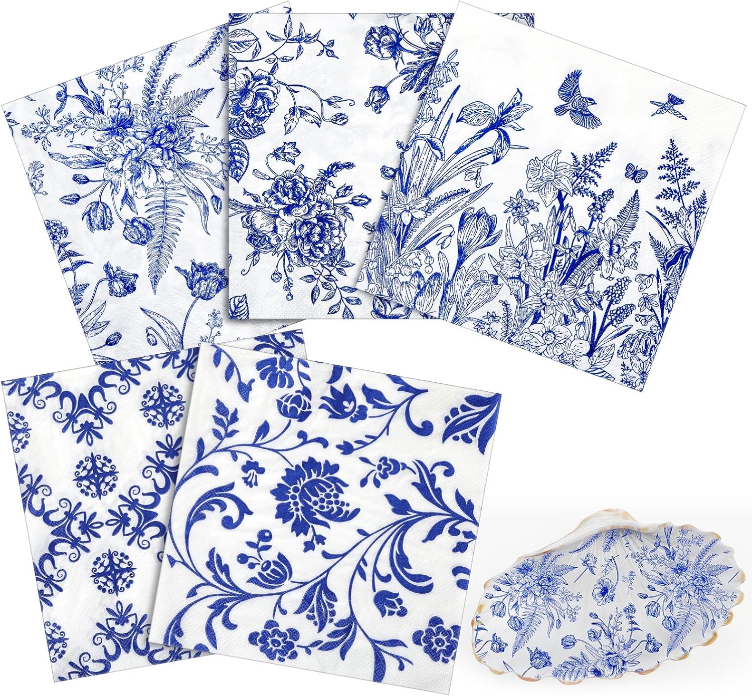 Crtiin 50 Pack Decoupage Napkins, 5 Styles Floral Napkins Decorative Decoupage Toile Napkin Chinoiserie Cocktail Paper for DIY Birthday Spring Party Wedding, Unfolded 13 x 13 Inch(Blue Floral)
