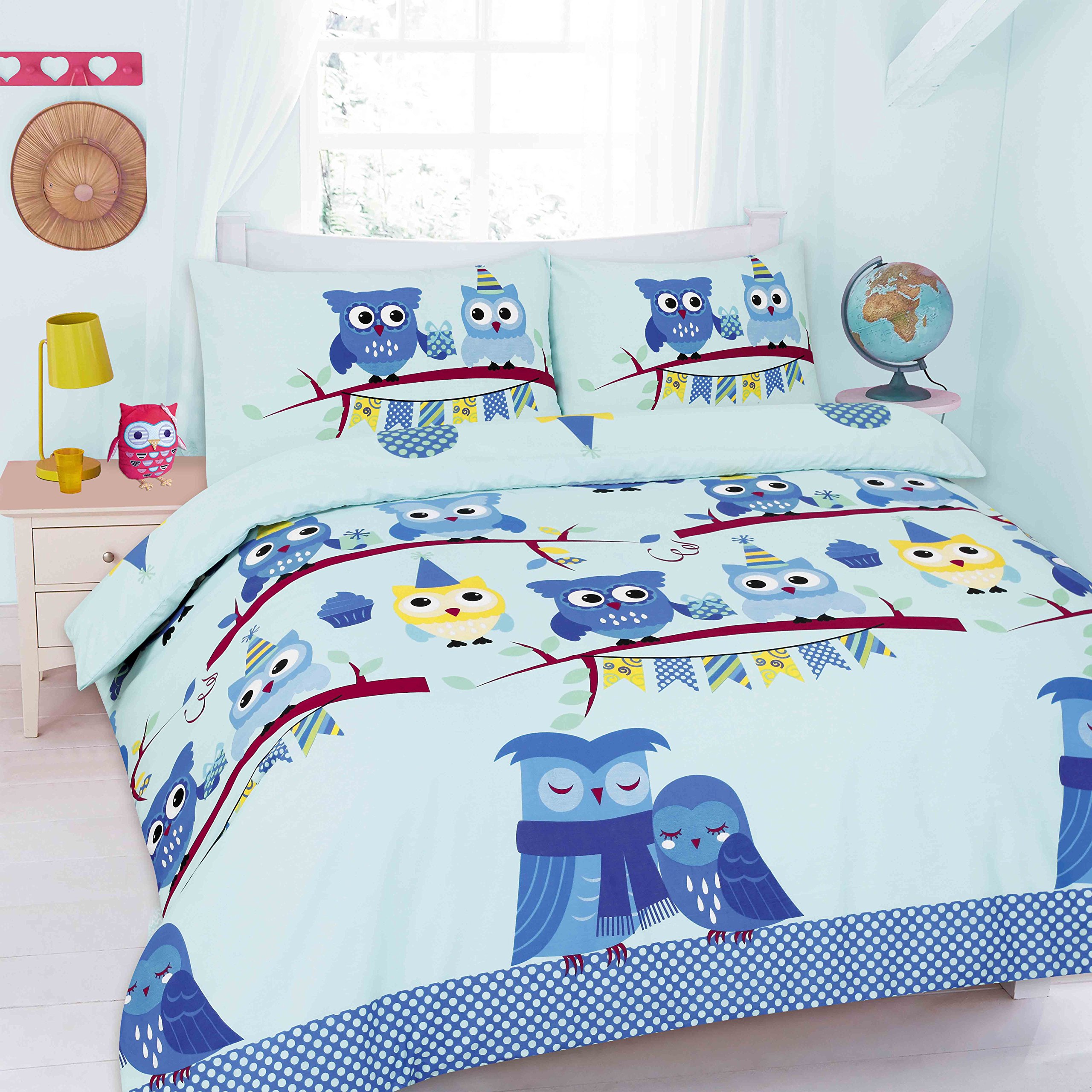Goldstar Cute Owl Blue Goldstar® Owl Duvet Cover Animal Printed Bed Linen Quilt Cover Bedding Set With Pillow Case (Double, )