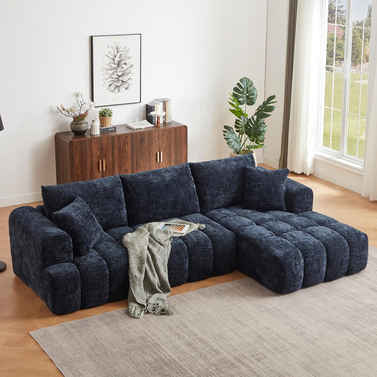 108.3" Chenille Luxury Sectional Oversized Sofa,Mnimalist L-Shape Couch with 2 Pillow,Comfortable Chaise Lounge,No Assembly Required,for Living Room,Reception Area,Dark Blue+Right Recliner