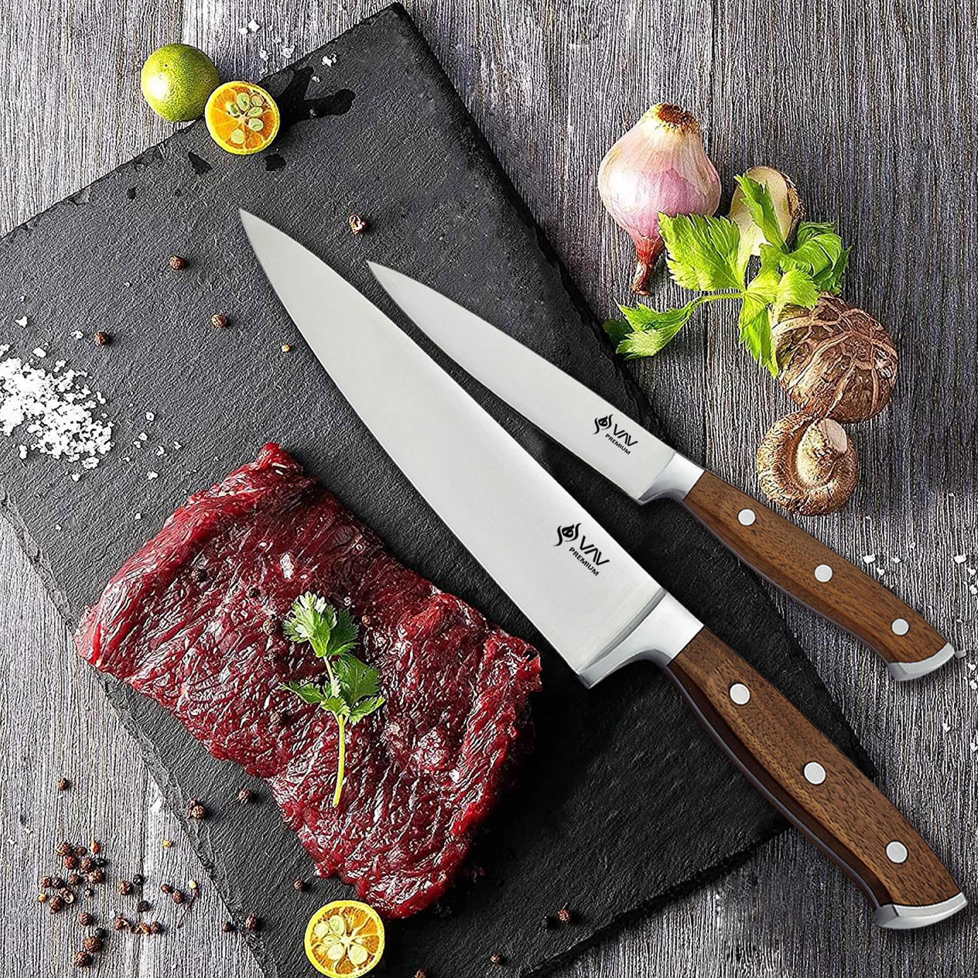 V A V PREMIUM 8-inch Chef's Knife. Comfortable Walnut Wood Handle and Professional Stainless Steel with Long-Lasting Sharpness.