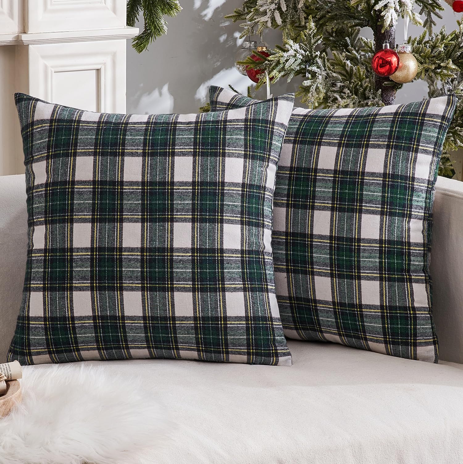 MIULEE Christmas Plaid Pillow Covers Scottish Tartan 18x18 Green and White | Set of 2 Christmas Decorations Cushion Covers, Farmhouse Winter Home Decor, for Thanksgiving Sofa Couch Bed Living Room