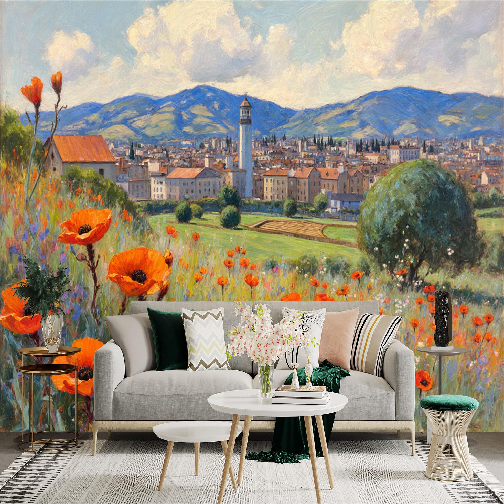 Lnzczhyre Xc260505359 Custom Size Wall Sticker Mural， Impressionist Red Flower Field， Tuscan Village Landscape， Summer Meadow Scenery， For Wall Decoration， Peelandstick Wall Decals.