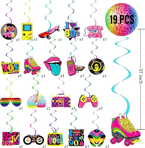 Miniatura 2 de 19 piezas de remolinos colgantes de fiesta de los años 90, decoraciones de fiesta de cumpleaños retro de los años 90, serpentinas de techo para