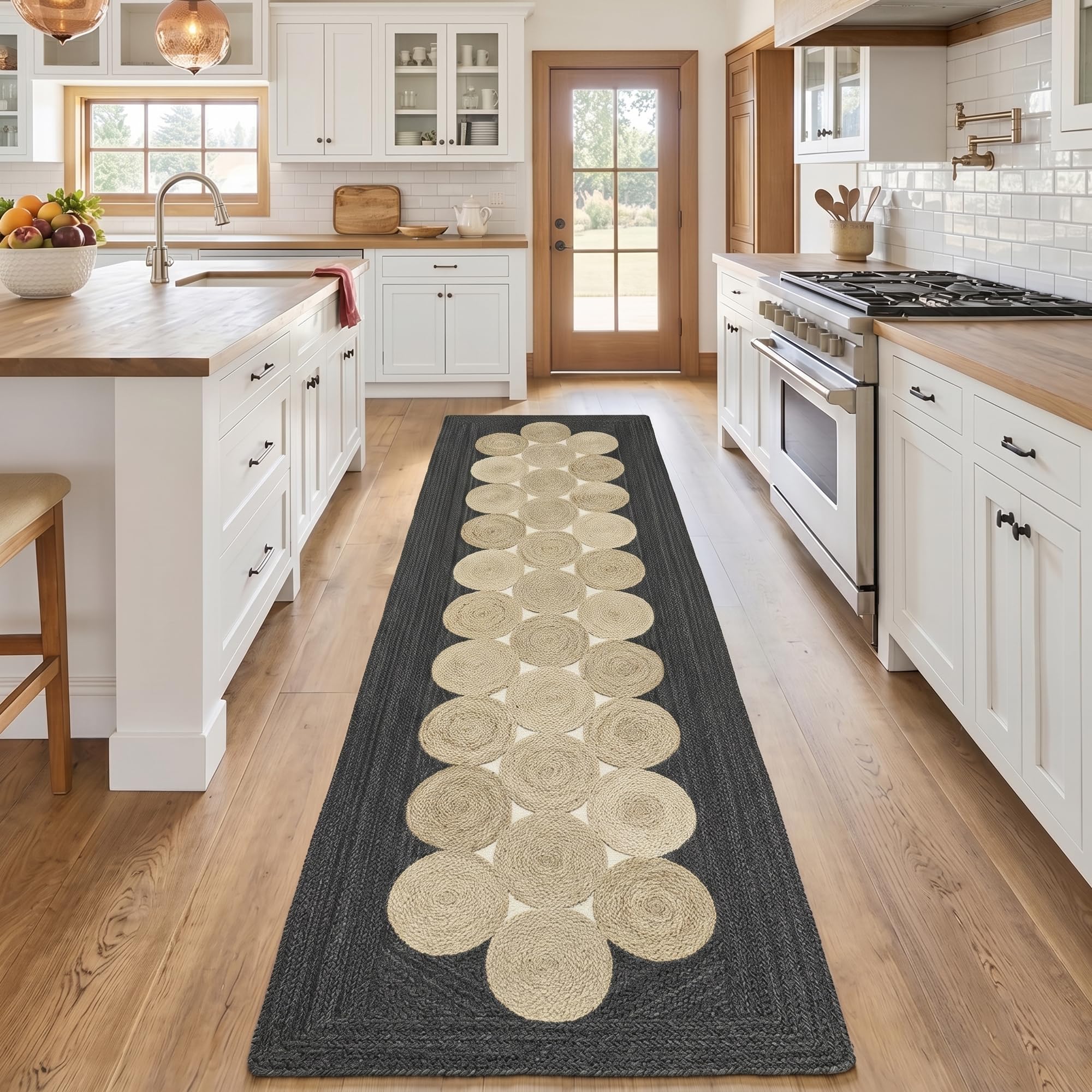 Tapis en jute pour couloir et cuisine avec bordure noire géométrique bohème chic