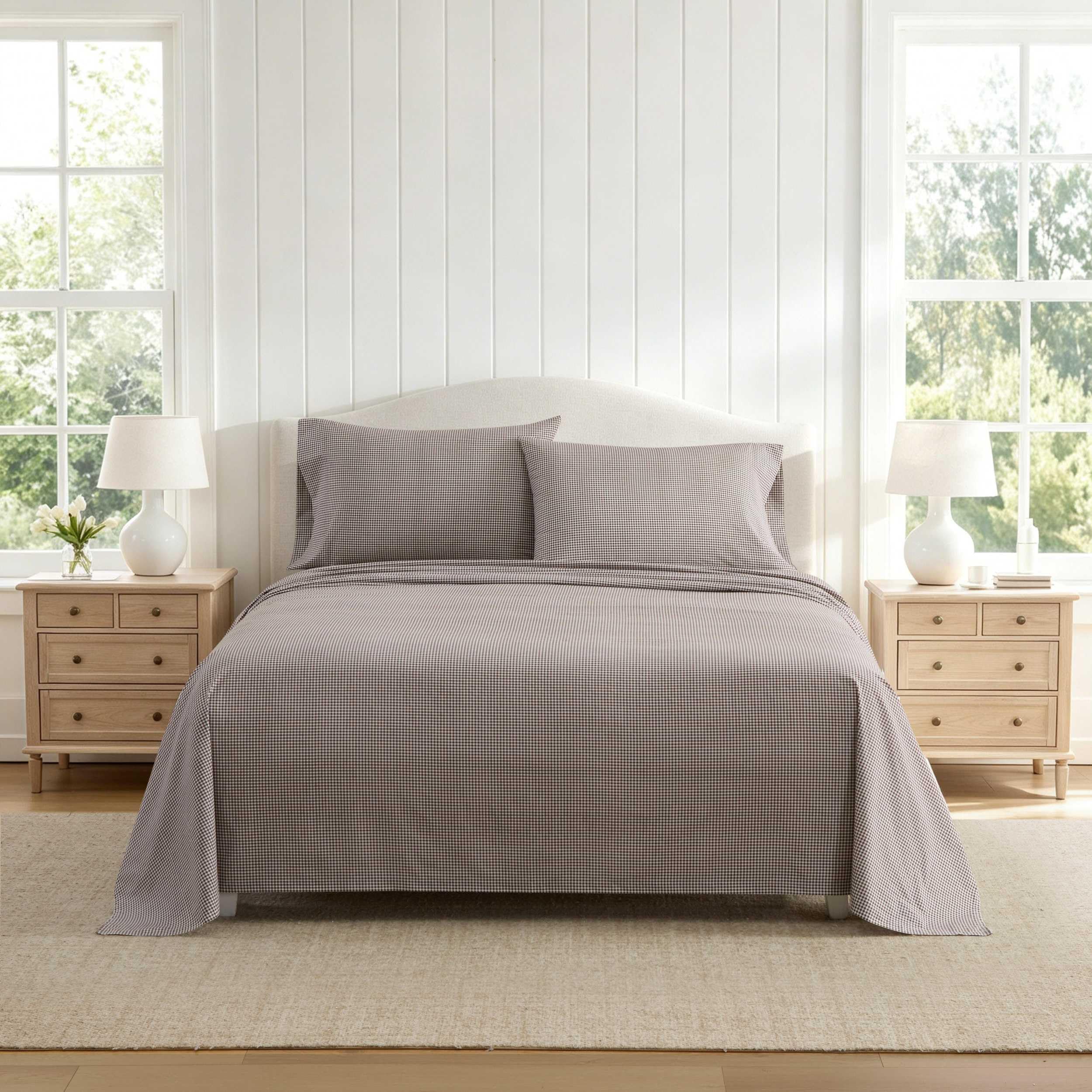 Martha Stewart - Full Sheet Set with Fitted Sheet & Pillowcases, Cotton Percale Bedding with a Smooth Feel, Deep Pocket, Gingham Brown
