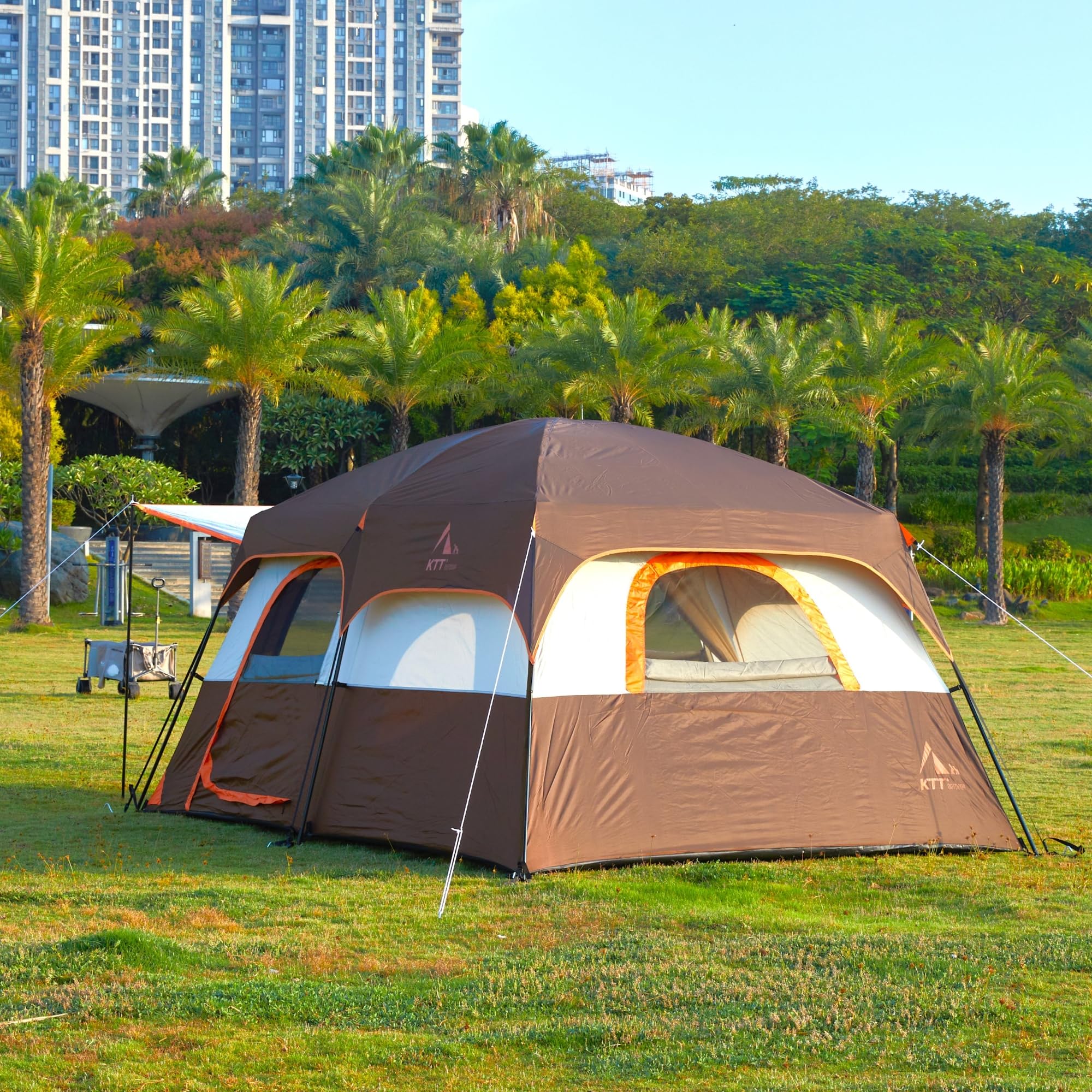 KTT Großes Zelt für 4-6 Personen, Familienhüttenzelte, gerade Wand, 3 Türen und 3 Fenster mit Netz, wasserdicht, großes Zelt für Outdoor, Picknick, 