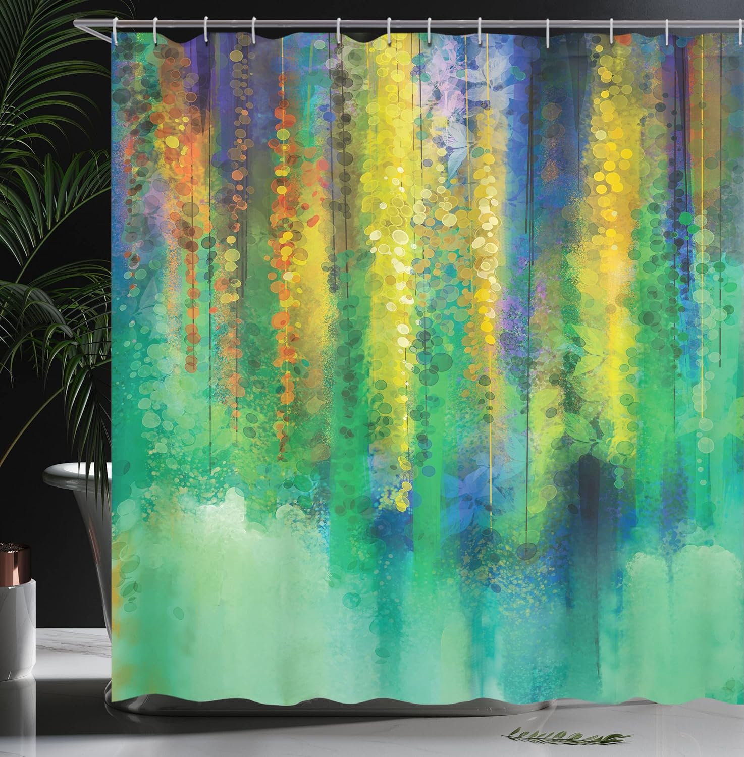 Ambesonne Watercolor Flower Shower Curtain, Abstract Style Spring Floral Watercolor Style Painting Image Nature Art, Cloth Fabric Bathroom Decor Set with Hooks, 69" W x 70" L, Green Yellow