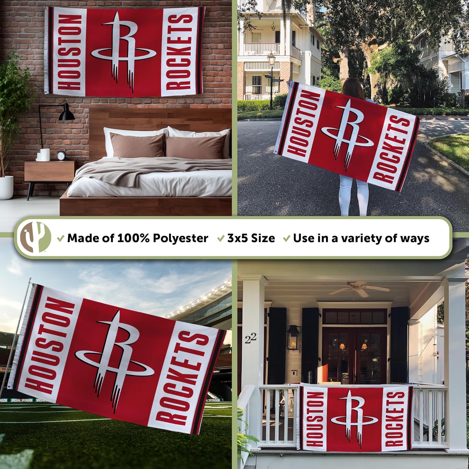 Desert Cactus Houston Rockets Flag NBA 100% Polyester Indoor Outdoor 3x5 feet National Basketball Association Team Flags (Flag City Edition 24-25 B) - Image 3