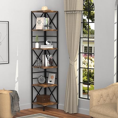Xilingol Estantería esquinera, estantería de 5 niveles, estantes de libros de metal y madera, estantería vintage en forma de L de mediados de siglo, disponible en Yaxa Peru