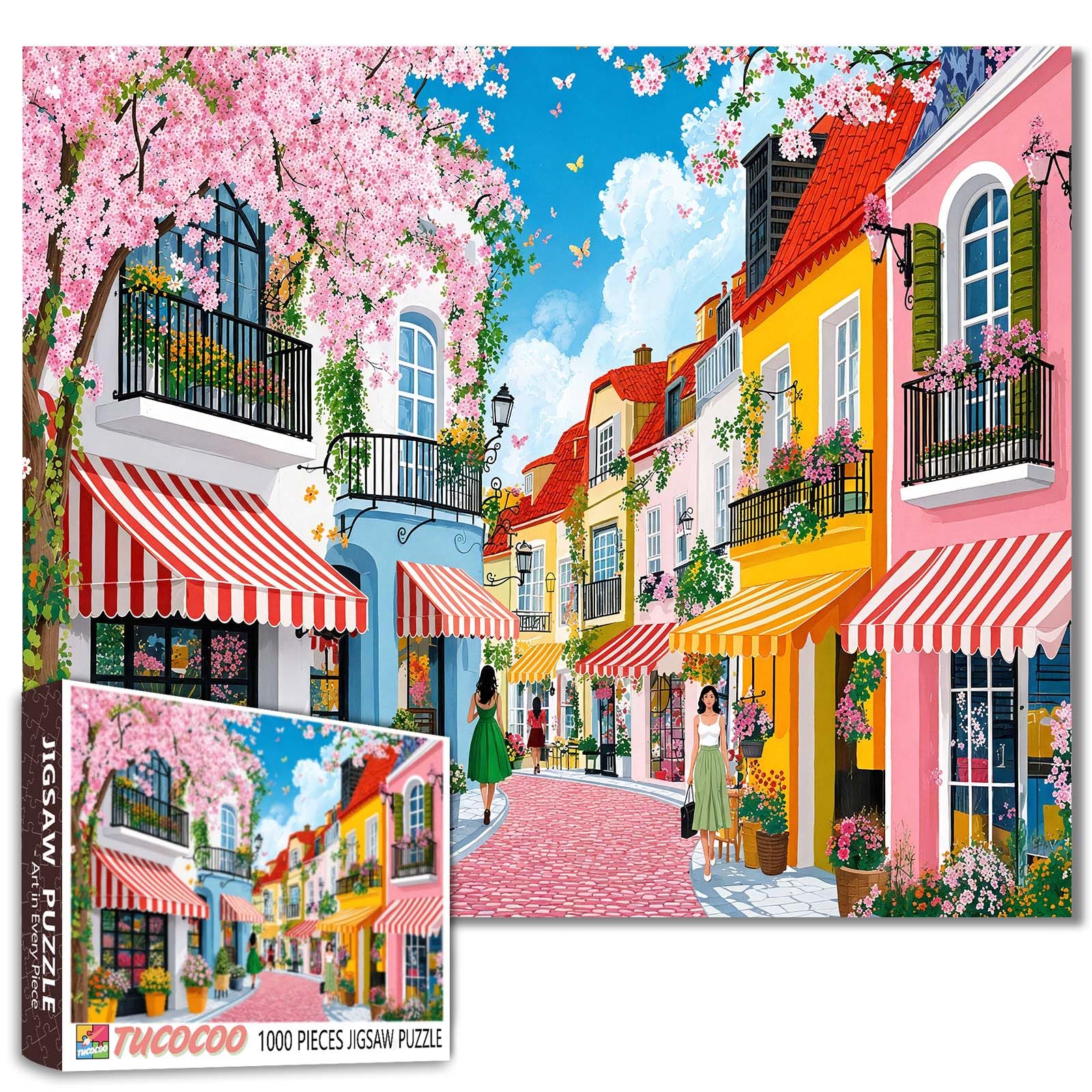 Cherry blossom street Jigsaw Puzzles for Adults 1000 Pieces European village DIY Puzzles for Family Activity Games travelArt Jigsaw Puzzles Home Wall Decor Craft Gifts 19.7 x 27.6 Inch