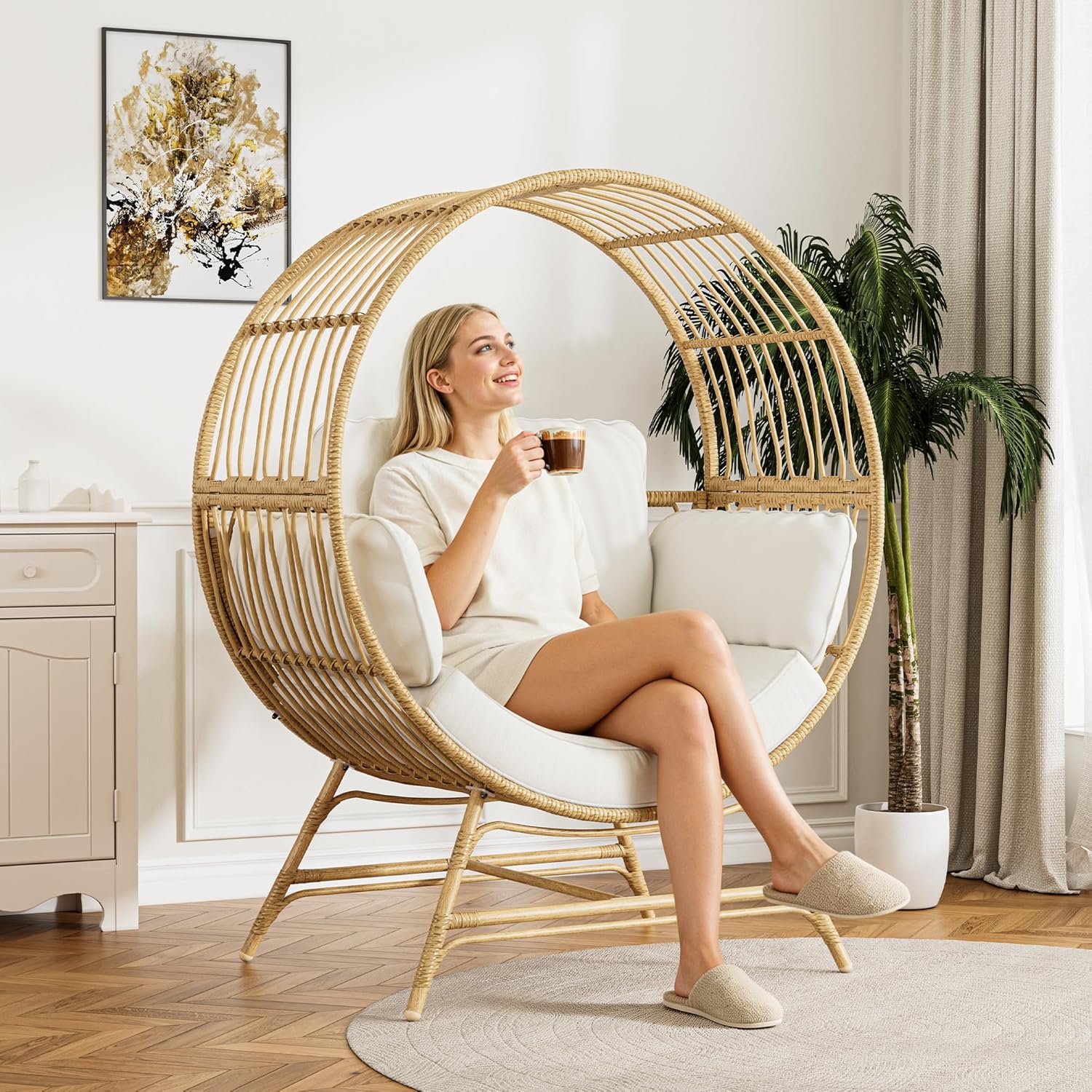 Bifanuo Oversized Egg Chair Indoor/Outdoor Rattan Hanging Basket Chair with Thickened Cushion Supports 350LBS – Wicker Patio Lounge Chair for Balcony Porch Living Room Backyard (Beige)
