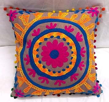 INDACORIFY Suzani Pillows, Embroidered Cushion Covers Decorative Throw Pillow Case, Indian Pom Pom Outdoor Cushions, Boho
