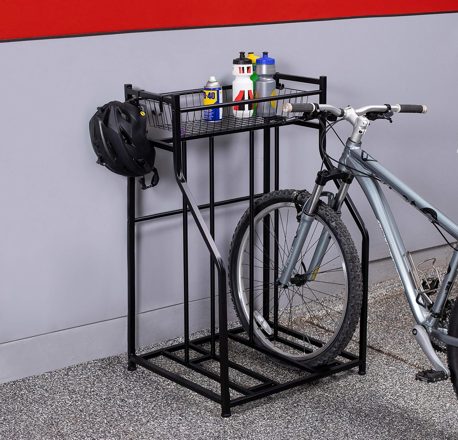 2 Bike Stand Rack with Storage - Compact - Great for Parking Road, Mountain, Hybrid or Kids Bikes - Garage Organizer - Helmet - Sports Storage Station