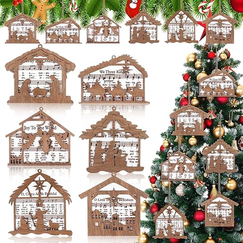 Miniatura 14 de Shellwei 24 Piezas Adornos de Madera de Escena de Natividad Historia de Navidad 2025 Juego de Regalo a Granel Partitura de Música Cristiana Escena