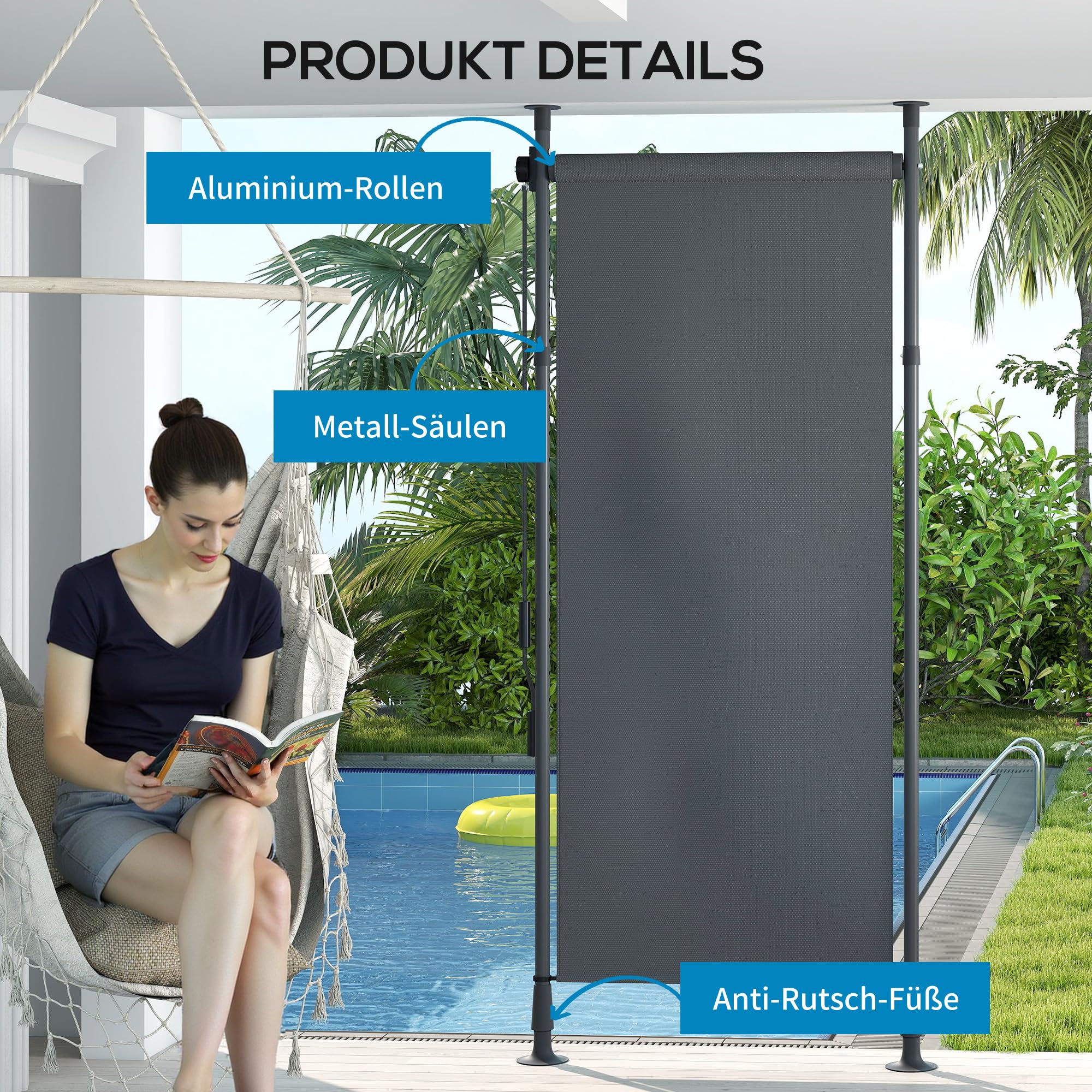 Outsunny Markiza pionowa z ochroną przed słońcem, roleta balkonowa, 120 x 220-310 cm, ochrona przed spojrzeniami, z korbą, odporna na warunki atmosferyczne, z poliestru, ciemnoszara