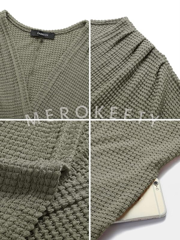 MEROKEETY Women's 2025 Fall Waffle Knit Batwing Long Sleeve Cardigan Loose Open Front Sweater Coat, Olive, Medium by MEROKEETY - Used condition - Image 6