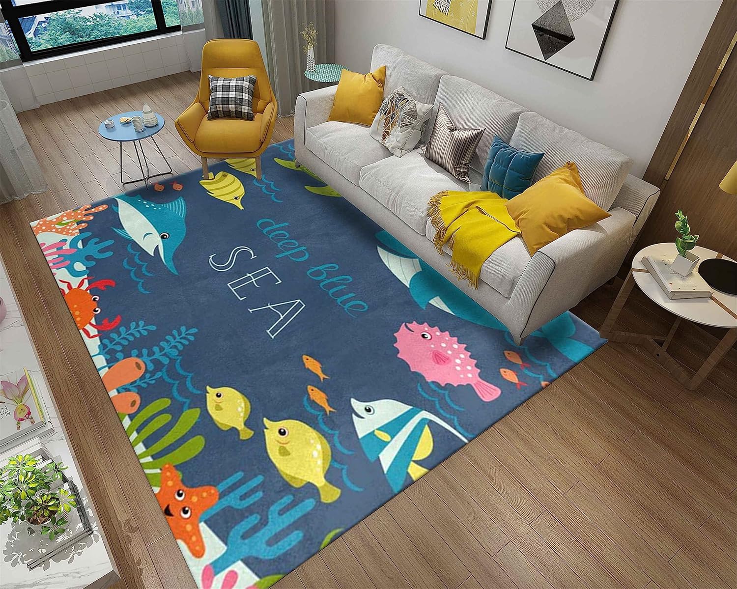 Cartoon Sea Animal Area Rug,3x4ft, Underwater Deep Sea Whale Sea Turtle Crab Bedroom Rug, Blue Soft Washable Carpet, Large Area Room Decoration Rug for Boys Girls Teenagers