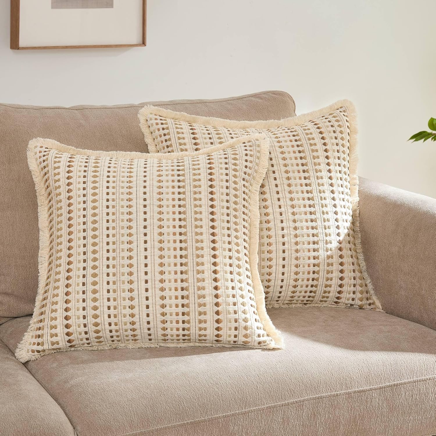 Embroidered Throw Pillow Cover Set of 2, Spring Summer Boho Farmhouse Decorative Pillow Case with Tassels, Textured Cushion Cases for Sofa Living Room Home Decor (Beige, 18" x 18")