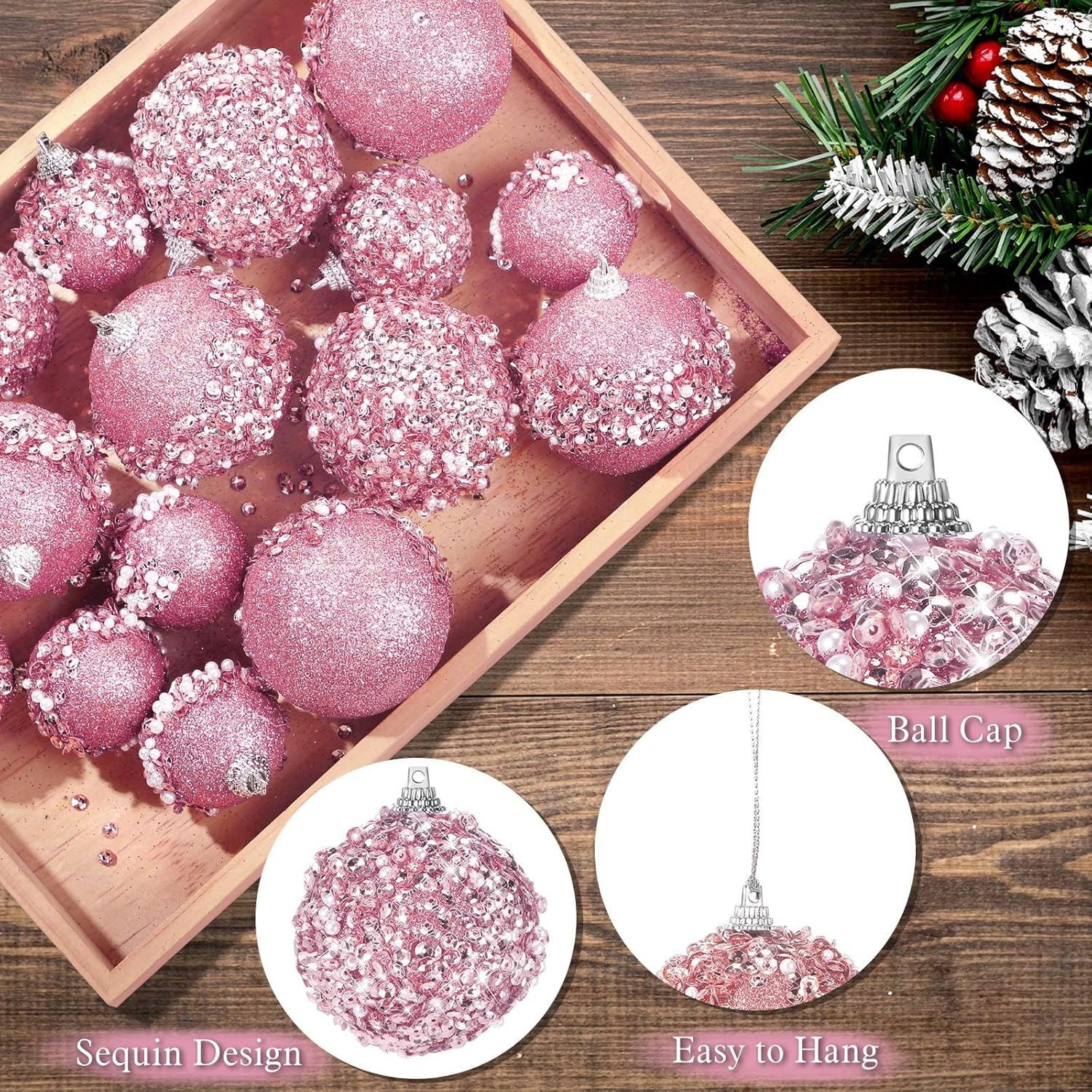 Poen 24 Pcs Glitter Christmas Ball Ornaments Set Christmas Tree Ornaments Hanging Sequin Foam Xmas Balls Decoration for Xmas Tree Wreath Garland Home Decor Wedding Party(Pink) - Image 3