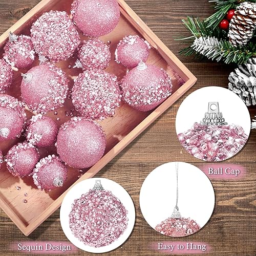 Miniatura 50 de Poen Juego de 24 adornos de bolas de Navidad con brillantina para colgar en el árbol de Navidad, bolas de Navidad de espuma con lentejuelas, Oro rosa