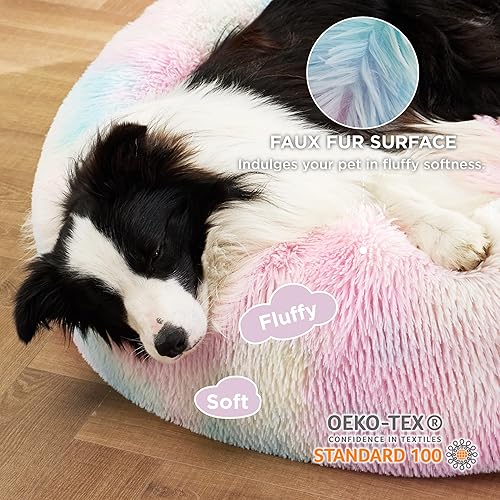 Vista 95 de Bedsure - Cama relajante para perros medianos, lavable, tipo dona, cama para gato, antideslizante, redonda, afelpada, mullida, de piel sintética