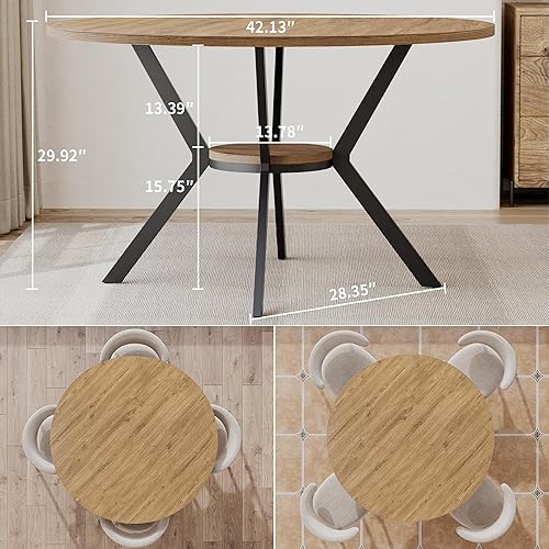 Miniatura 2 de Mesa de comedor redonda para 4 personas, mesa de cocina de granja de 42 pulgadas con almacenamiento, mesa de pedestal circular de madera rústica con