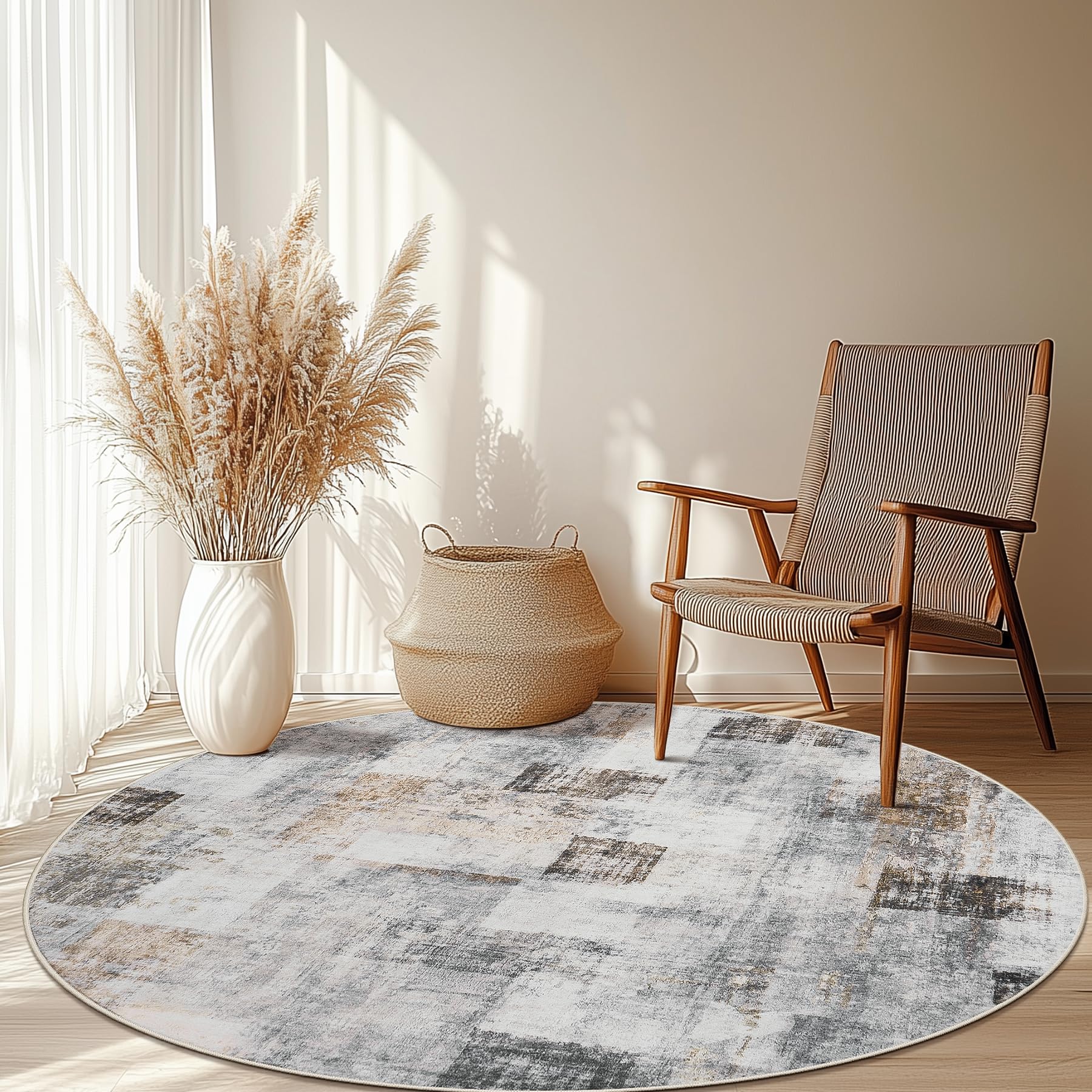 Round Rug 5ft Circle Rug, Carpet Washable Non Slip Low Pile Small Abstract Circular Area Rug for Bedroom Bathroom Entryway Kids Room Office College Dorm 5 feet Beige Gray