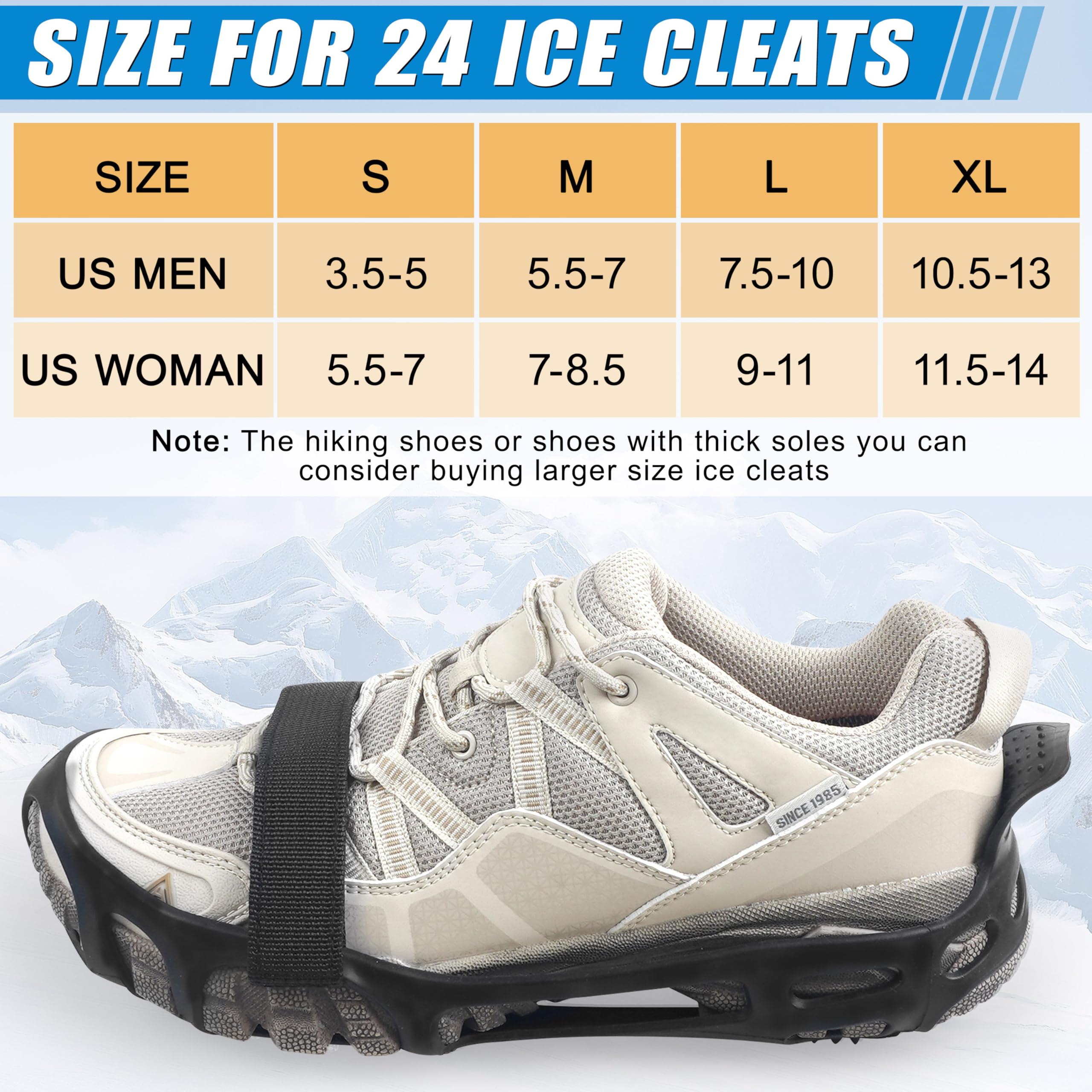 Ice Cleats Snow Traction Cleats Crampons for Walking on Snow and Ice 24 Steel Cleat for Boots Shoes Men Women Kids Anti Slip Stretch Footwear for Hiking Jogging