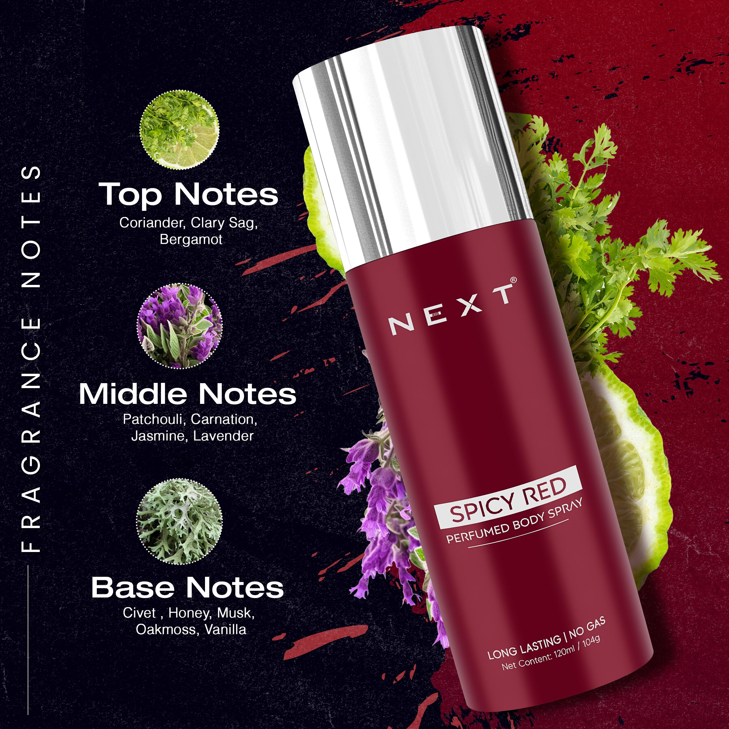 Next Care Spicy Red No Gas Perfumed Body Spray, Long-Lasting Unisex Deodorant Spray with Coriander & Bergamot Notes, 120 ml 2