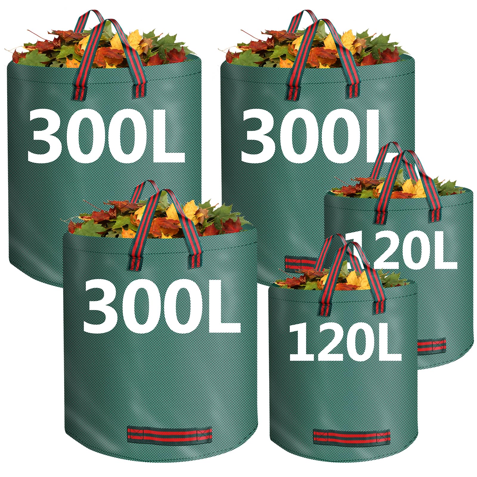 YUSHIHU Garden Waste Bags, Garden Sack with Handles, 300L x 3 and 120L x 2 Reusable Sacks, Waterproof Rubbish Bags for collecting Garden Waste, Debris, Leaves and Grass