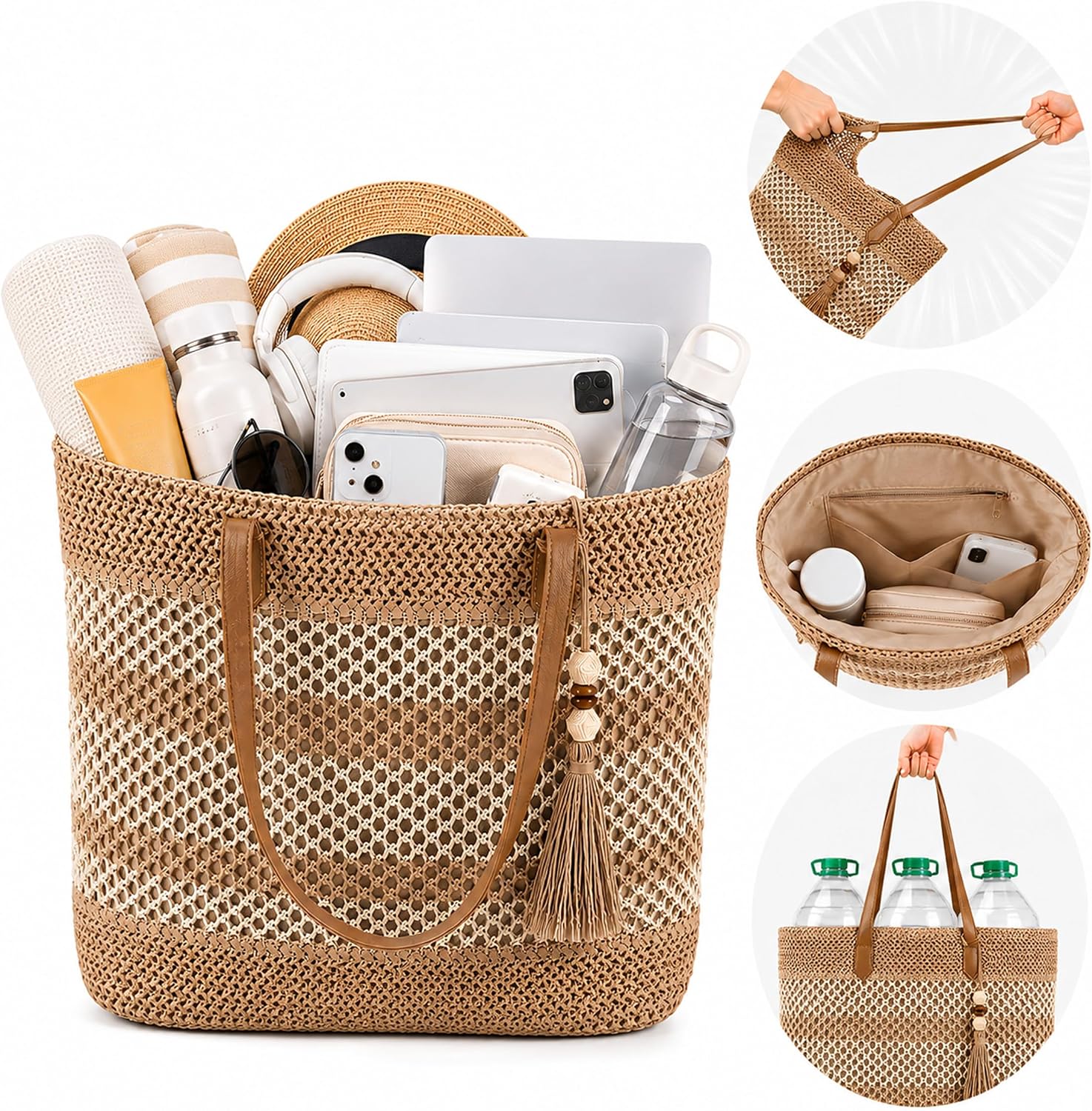 2026 Summer Straw Purses for Women, Foldable High Density Hollow Woven Tote Bag Zipper Pocket, Colorfast Reinforced Stitching, Large Lightweight Handbag for Pool, Beach, Travel, Work, Vacation & Gift