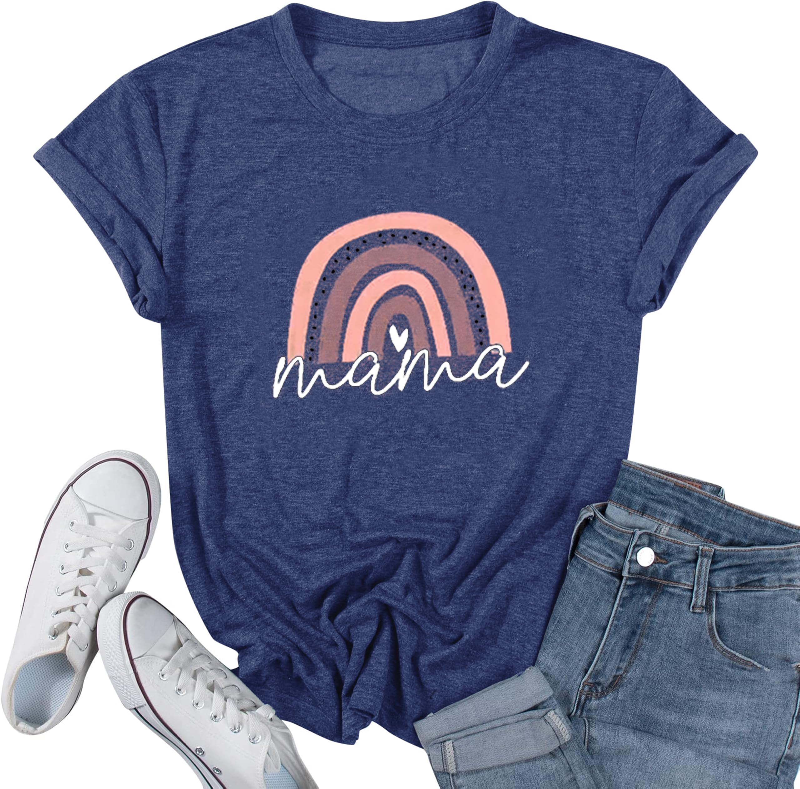 Mama Shirt Women Rainbow Mom Graphic Tshirts Short Sleeve Letter Printed Graphic Mom Gifts Tee Shirts