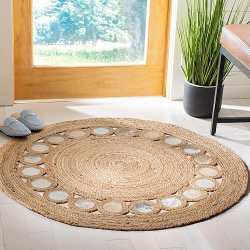 SAFAVIEH Natural Fiber Round Collection NF370F - Alfombra redonda de yute y piel tejida a mano de 3 pies, color beigegris