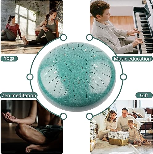 Vista 11 de Tambor de lengua de acero de 12 pulgadas, 11 notas para adultos, instrumento etéreo de metal para meditación y yoga con libro de música, mazos