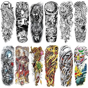Full Arm Black Scary Temporary Tattoo for Men, 12 Sheets Skull Skeleton Sleeve Tattoos Temporary, Fake Tattoos That Look Real, Tigers, Dragon, Koi, Lion for BBQ Pool Beach Party