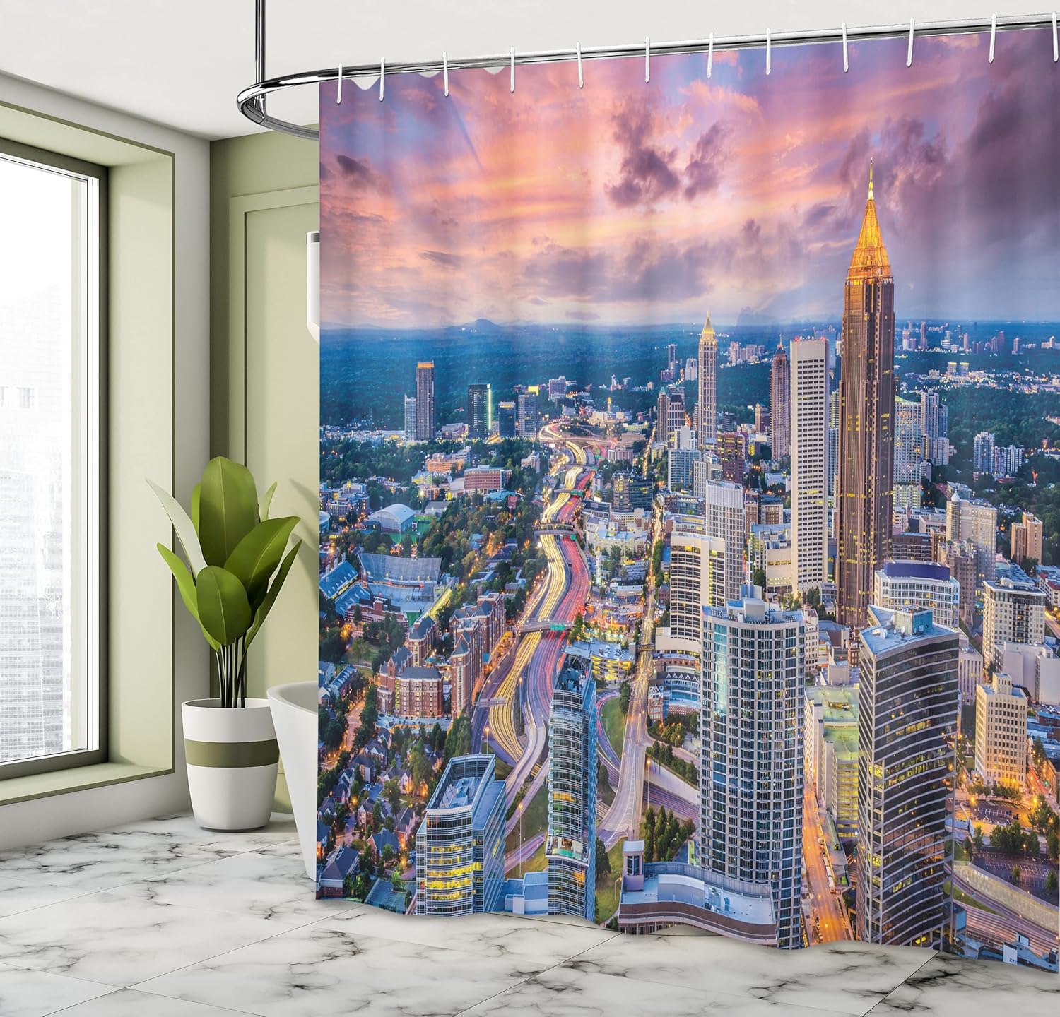 Ambesonne Modern Shower Curtain, Atlanta City Skyline at Sunset with Syk Georgia Town American View, Cloth Fabric Bathroom Decor Set with Hooks, 69" W x 70" L, Pale Pink Grey Blue
