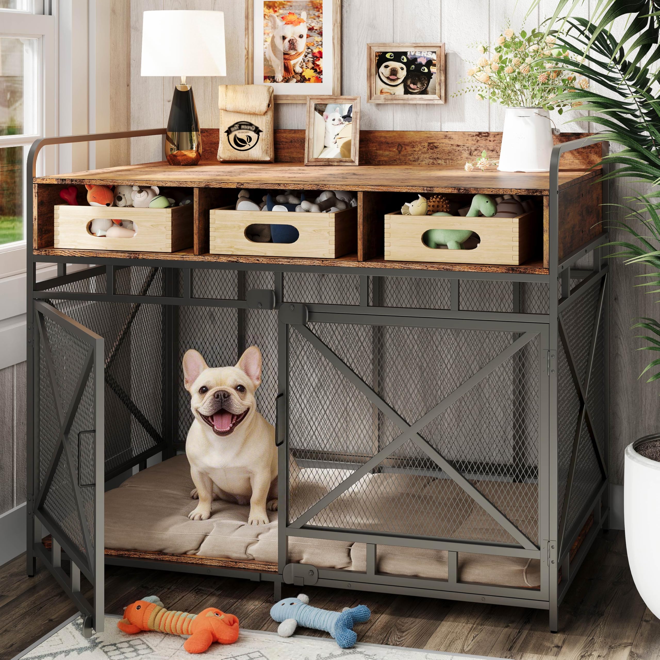 Dog Crate Furniture, 43" Heavy Duty Wooden Dog Crate End Table, XL Dog Kennel Furniture Large Breed, Decorative Dog Kenne Indoor with 3 Drawers & Steel Tubes 43" L x28 W x36 H (Rustic Brown)