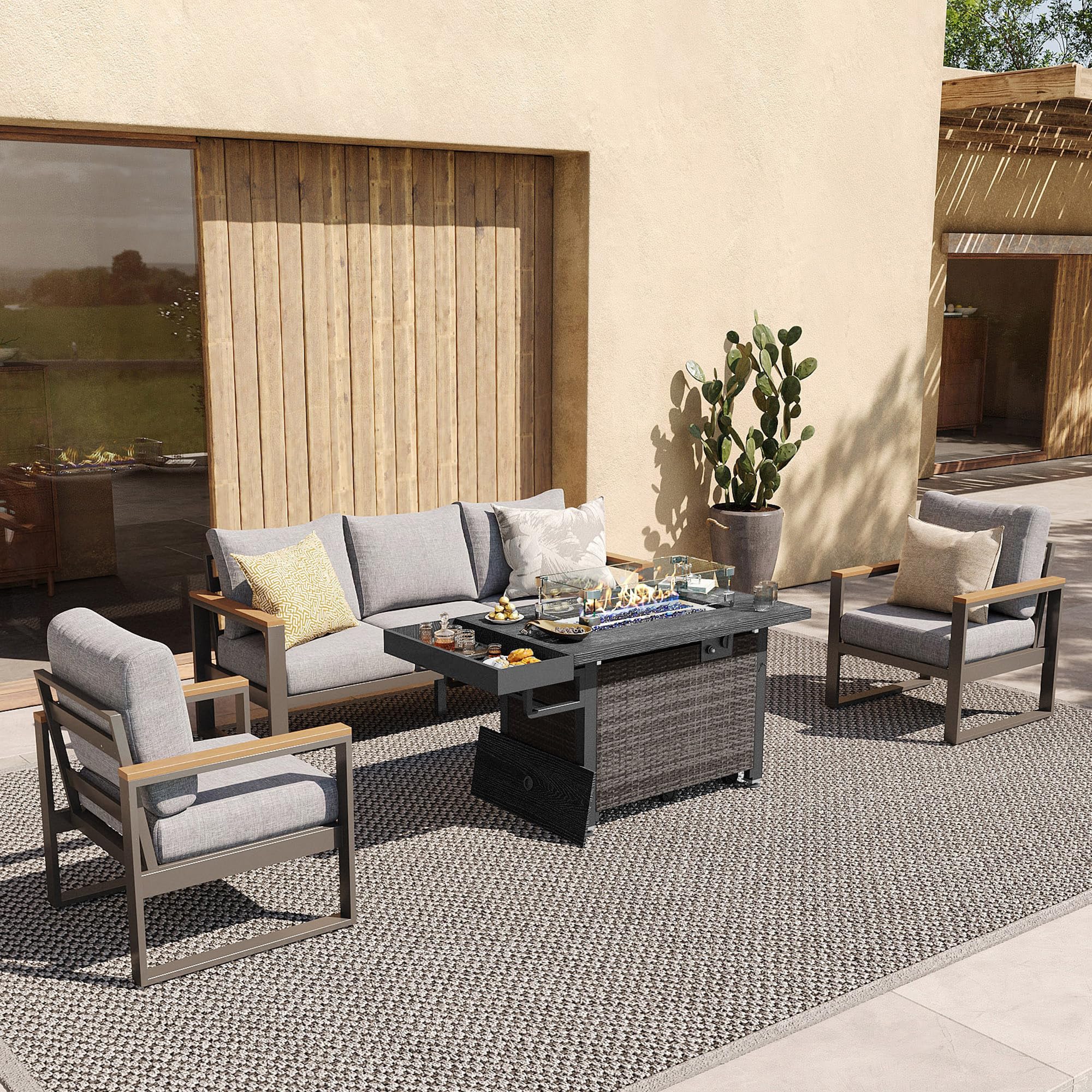 Sundale Outdoor Aluminum Patio Furniture Set with Wicker Fire Pit Table