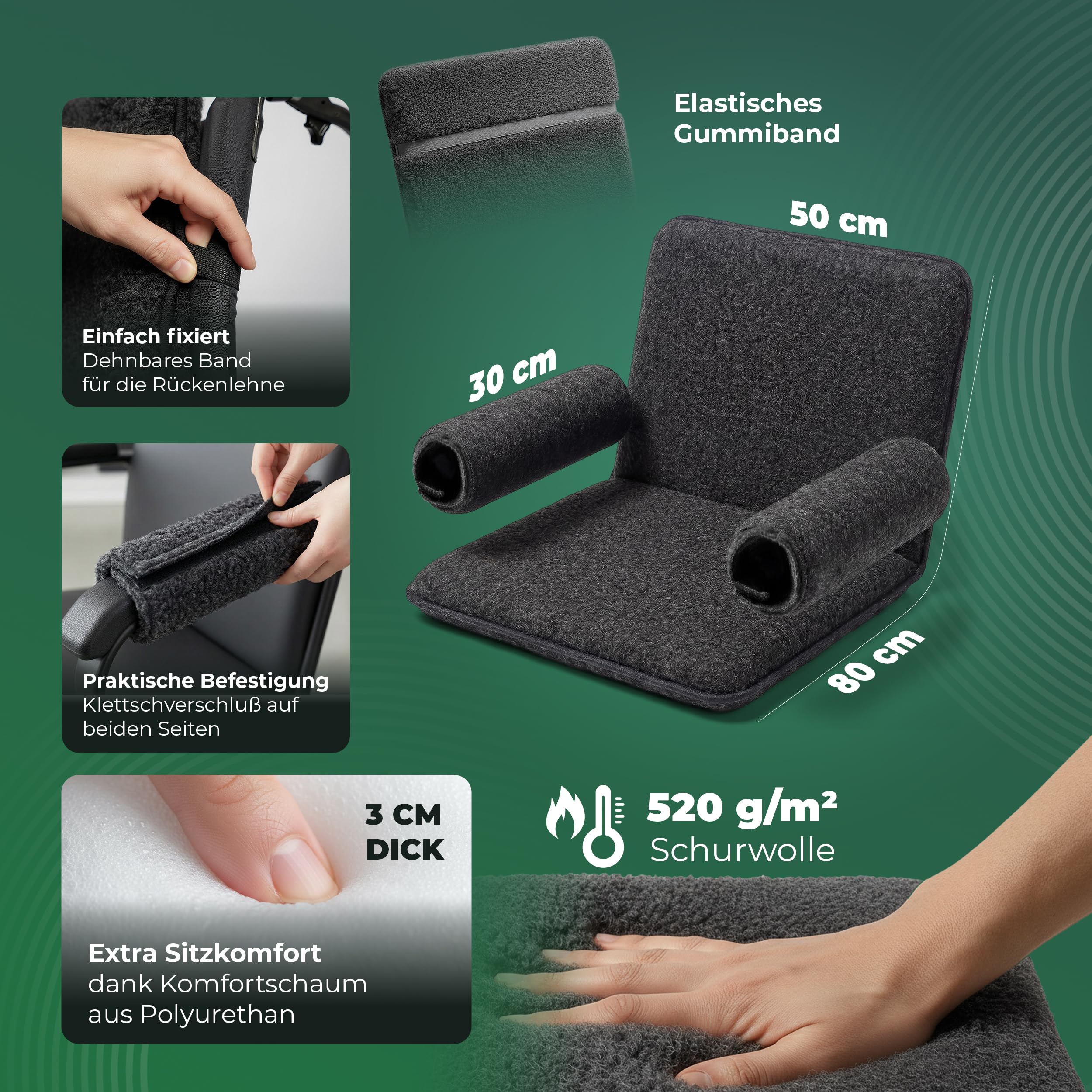 NOVALIV Komfortowy zestaw do wózka inwalidzkiego – ergonomiczna poduszka do siedzenia, wyściełane podłokietniki – poduszka na wózek inwalidzki i podłokietniki w kolorze antracytowym – wygodne