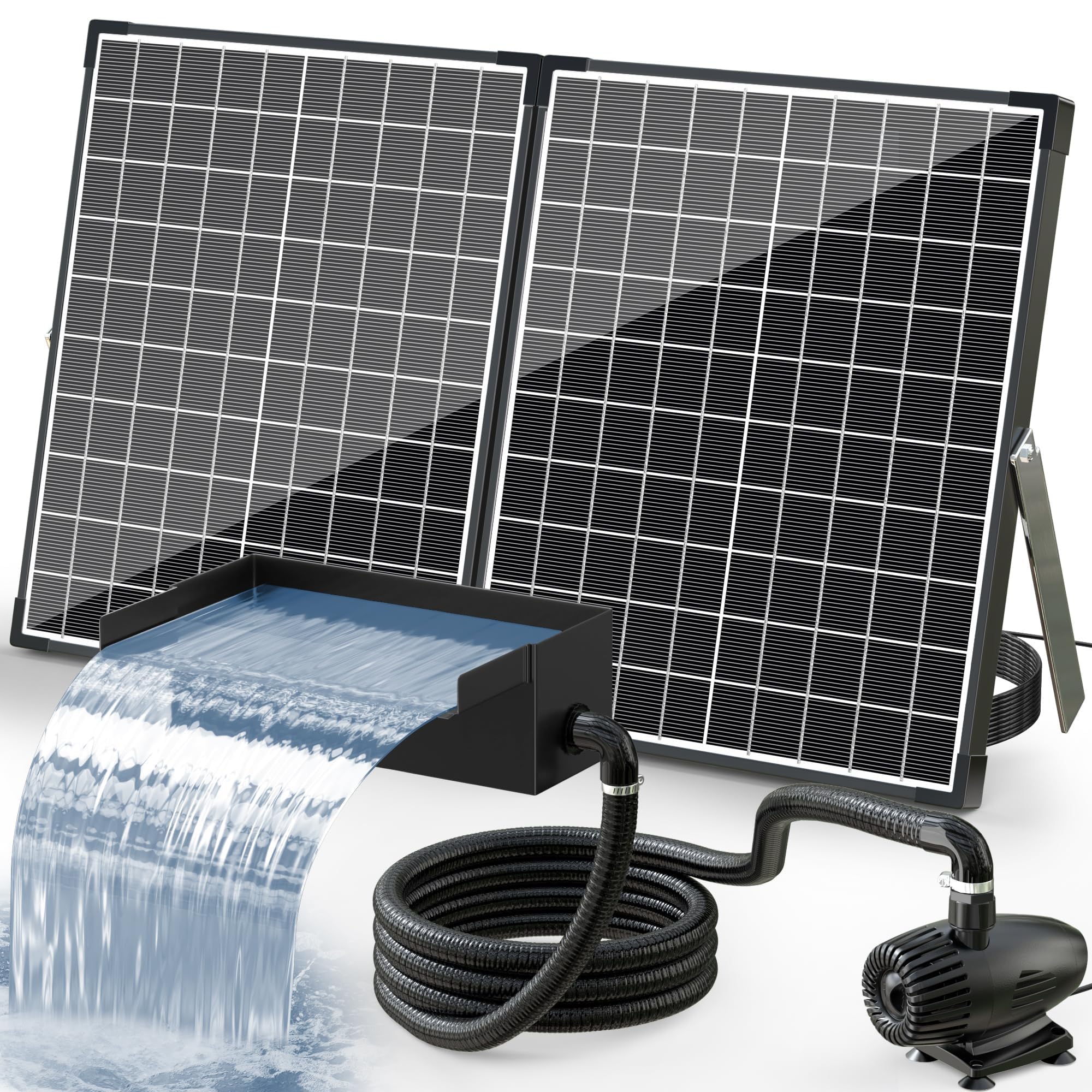 POPOSOAP Solar Pond Waterfall Spillway Kit, 55W Folding Solar Panel &amp; Pond Pump Included, DIY Water Feature for Garden, Balcony, Indoor Aquarium &amp; Small Ponds-P5552