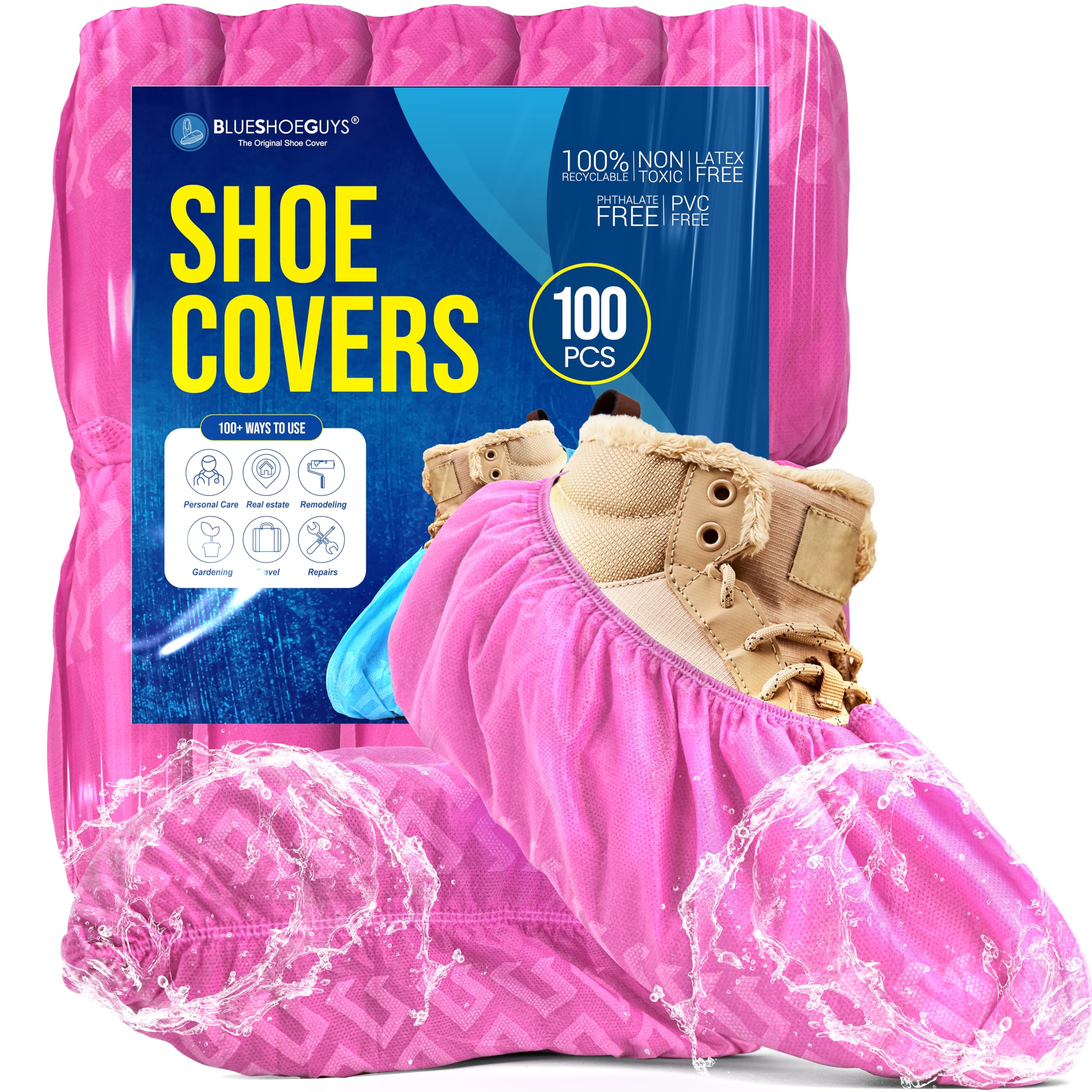 Blue Shoe Guys Premium Disposable Boot &amp; Shoe Covers Booties | 100 Pack | Durable, Non-Slip, Non-Toxic, Water Resistant, Recyclable Protectors for Indoor &amp; Outdoor | Large Size Fits Most Shoes